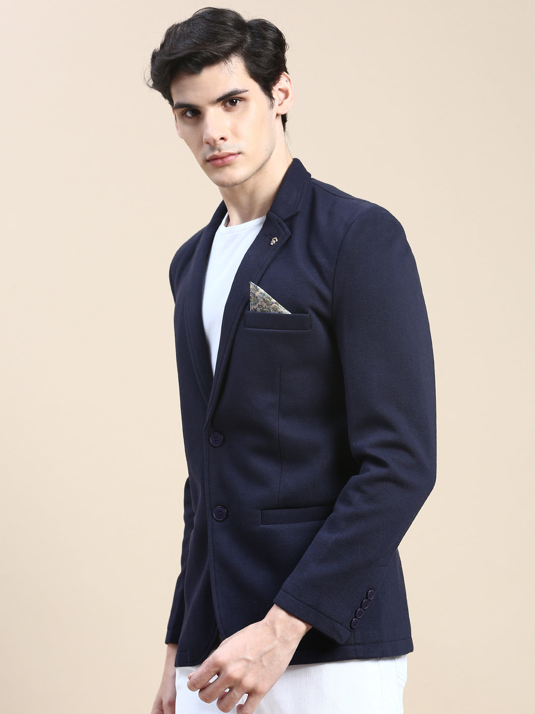 Men Navy Solid Casual Blazers