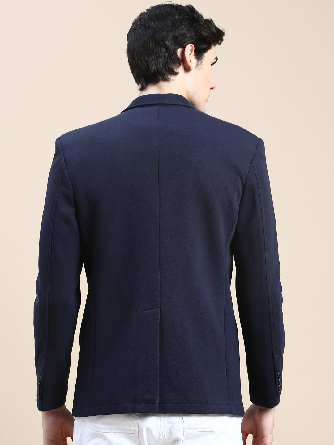 Men Navy Solid Casual Blazers