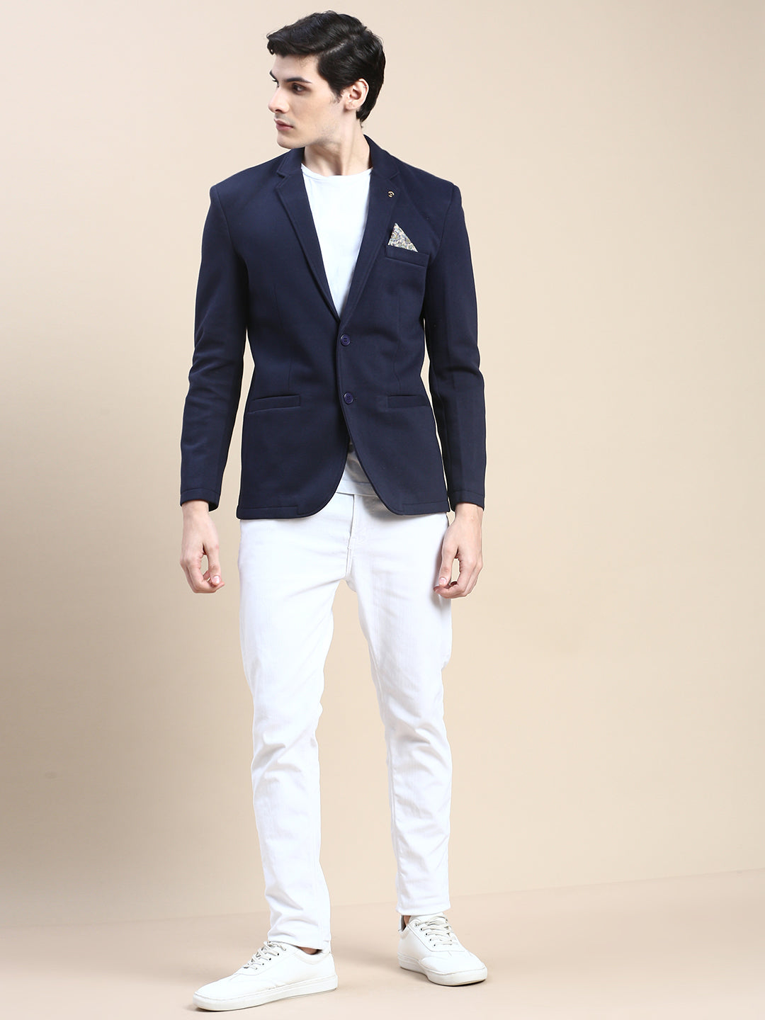 Men Navy Solid Casual Blazers