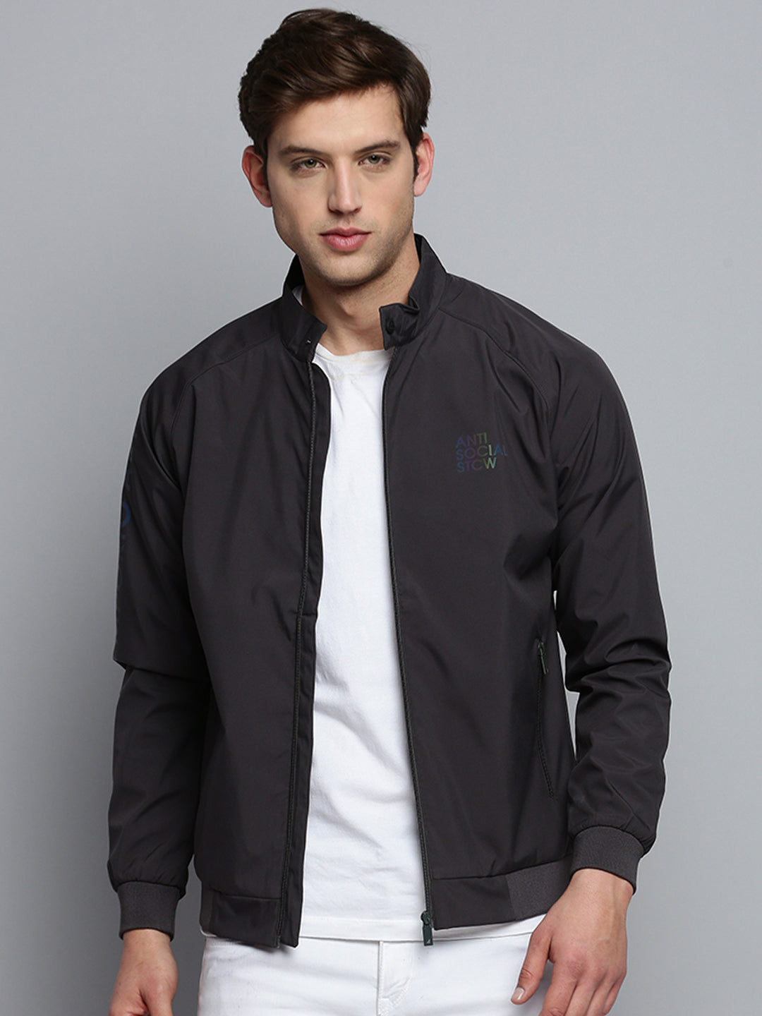 Men Grey Solid Casual Jacket