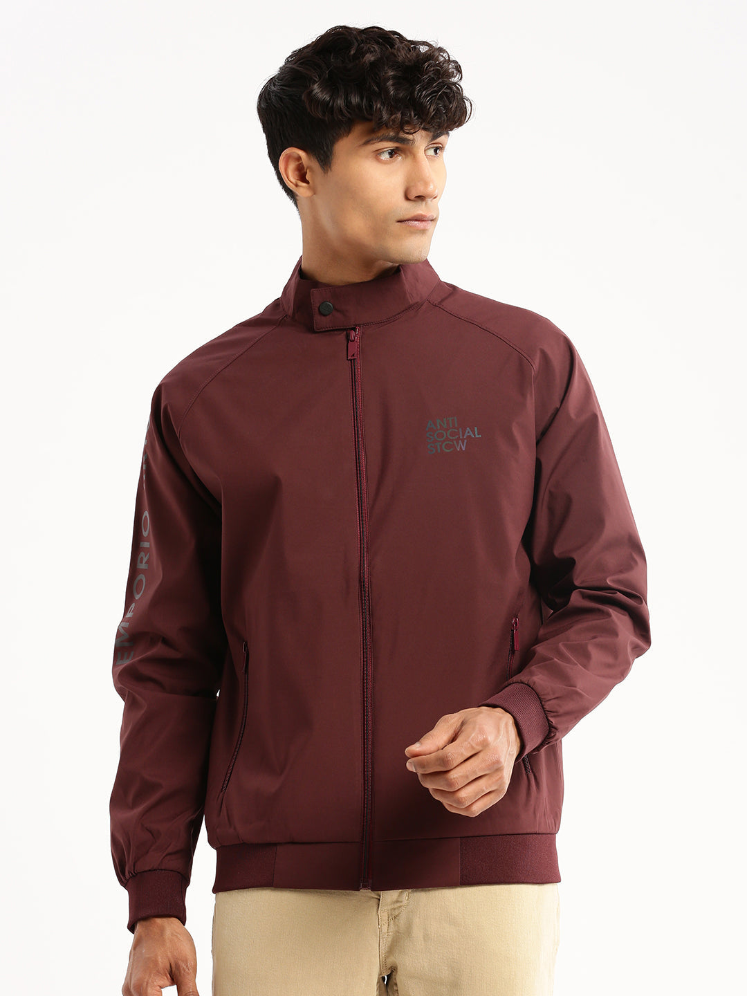 Men Maroon Mock Collar Solid Bomber