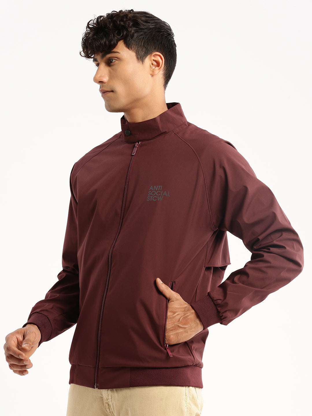 Men Maroon Mock Collar Solid Bomber