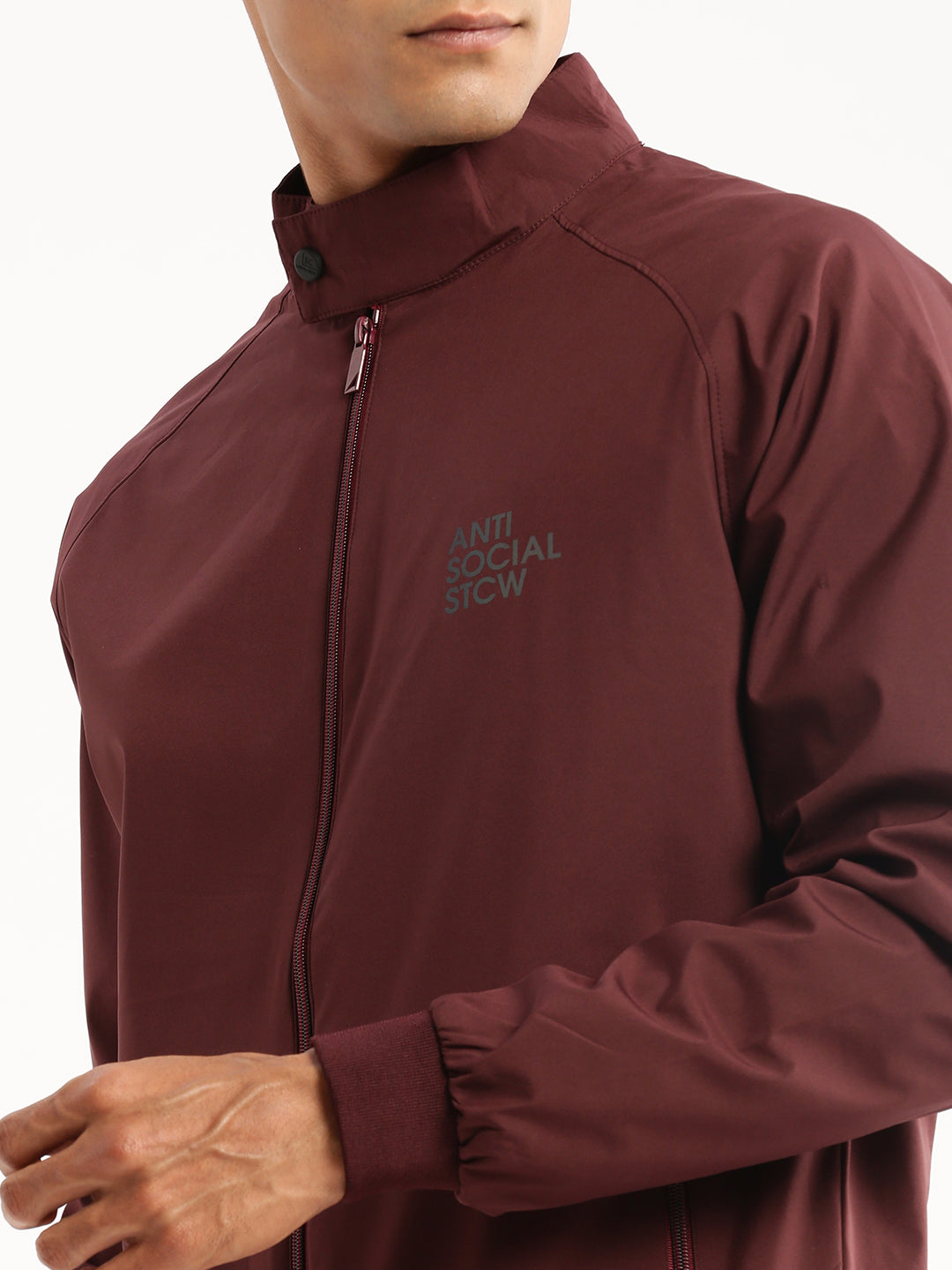 Men Maroon Mock Collar Solid Bomber