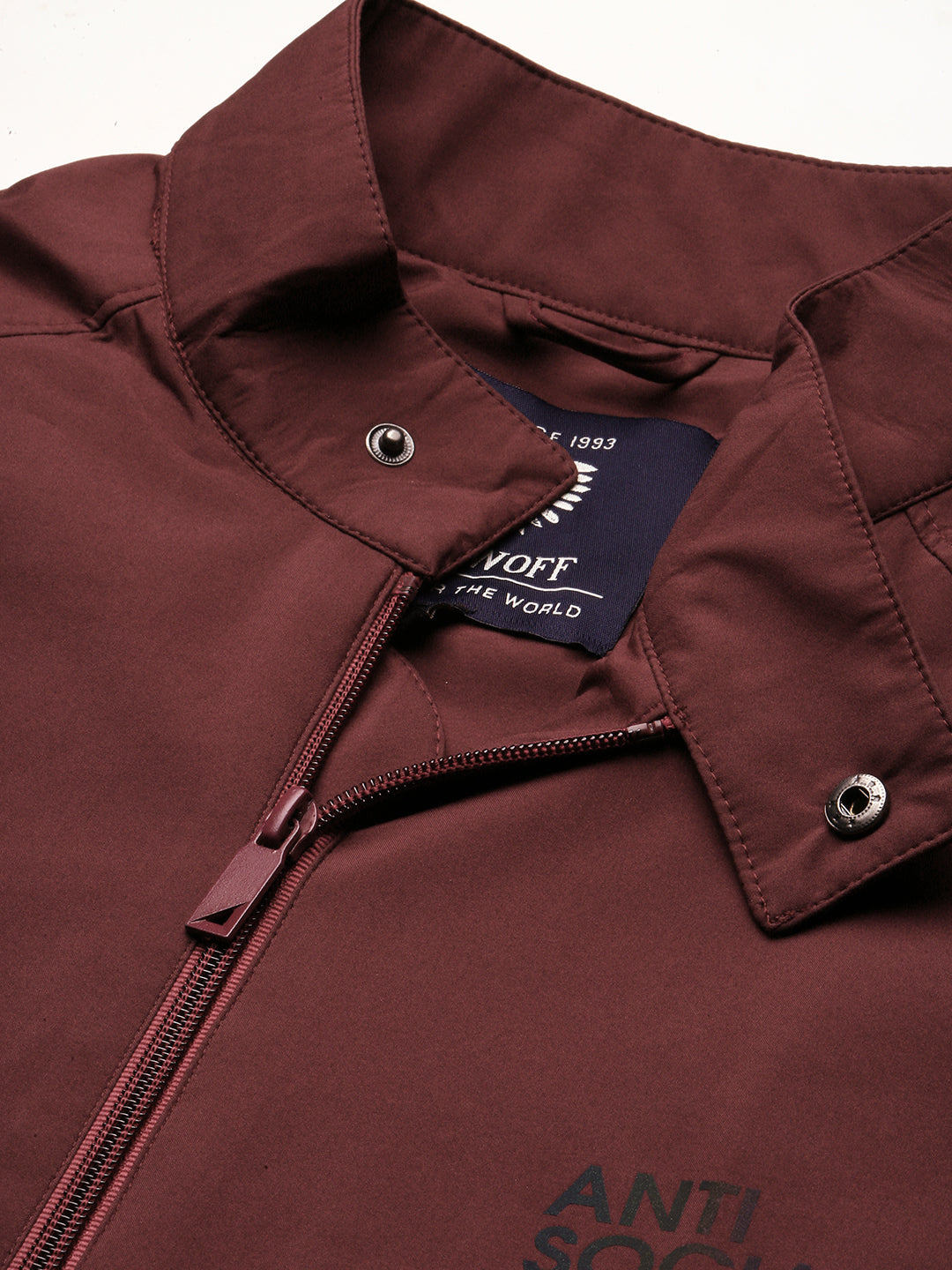 Men Maroon Mock Collar Solid Bomber