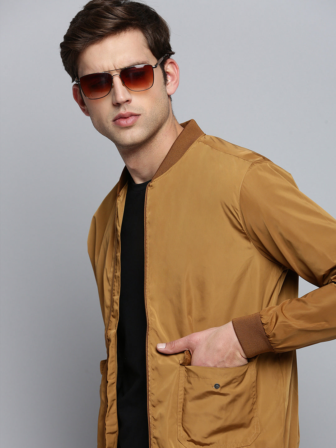 Men Brown Solid Casual Jacket