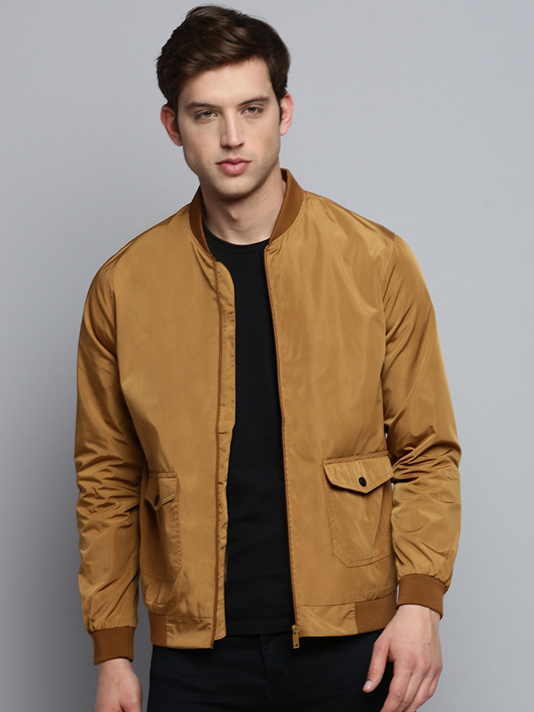 Men Brown Solid Casual Jacket