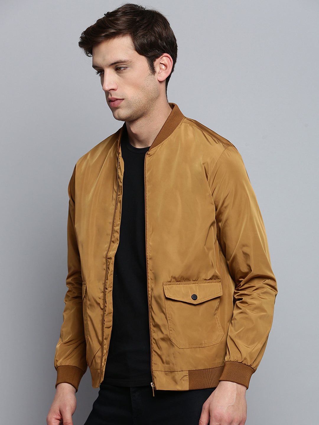 Men Brown Solid Casual Jacket