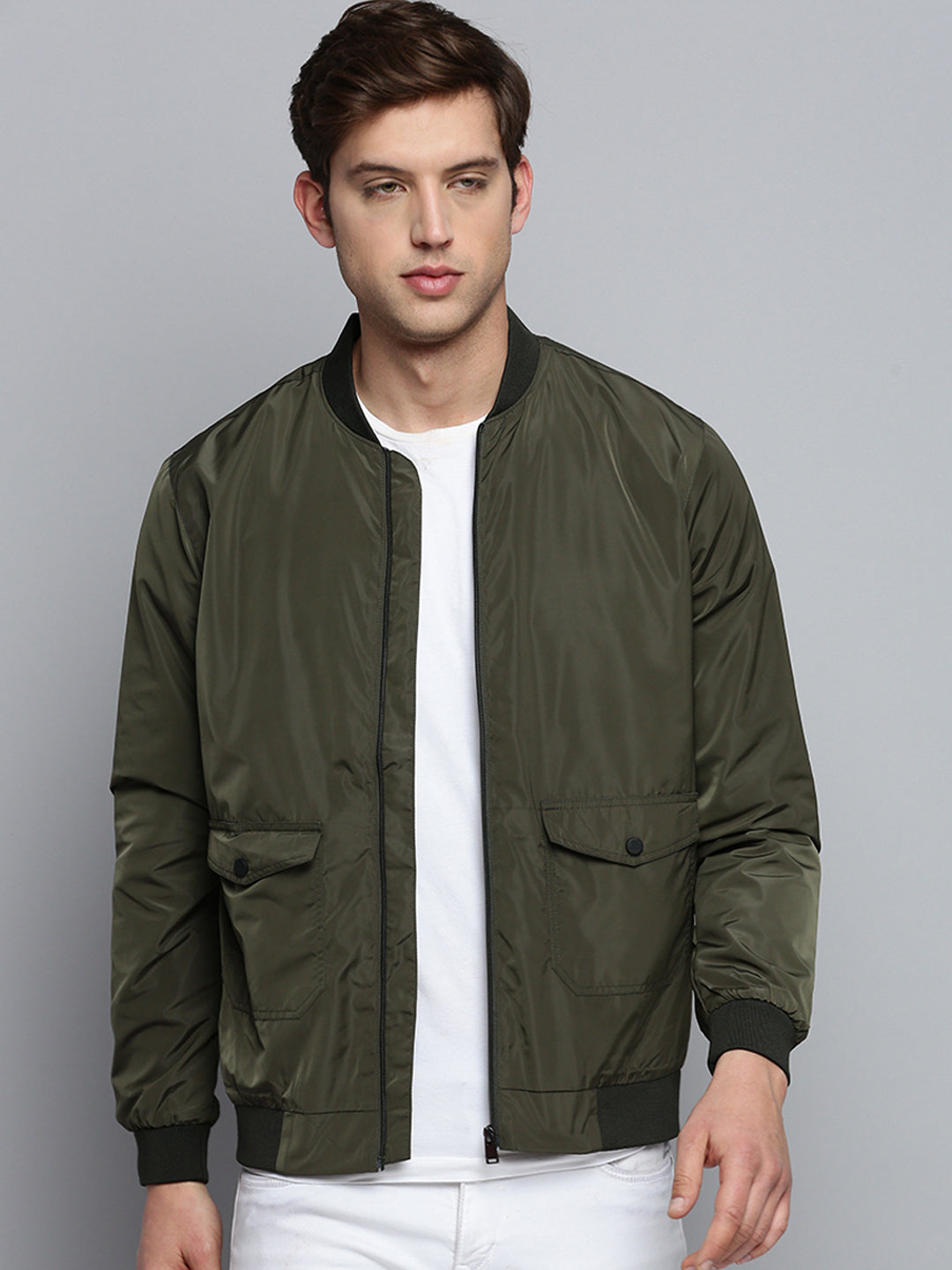 Men Green Solid Casual Jacket