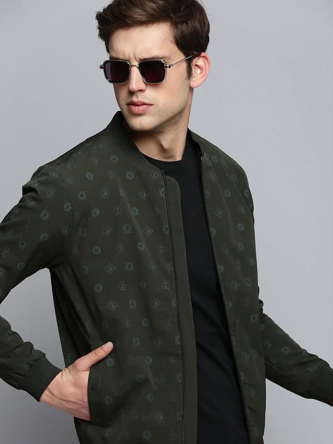 Men's Olive Conversational Printed Henley Collar Water Resistant Bomber Jacket