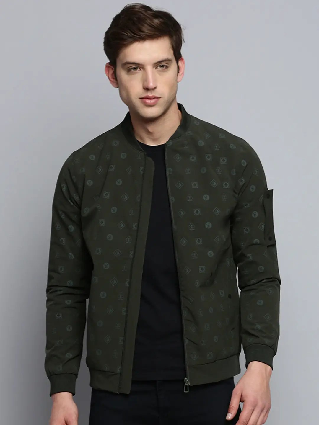 Men's Olive Conversational Printed Henley Collar Water Resistant Bomber Jacket