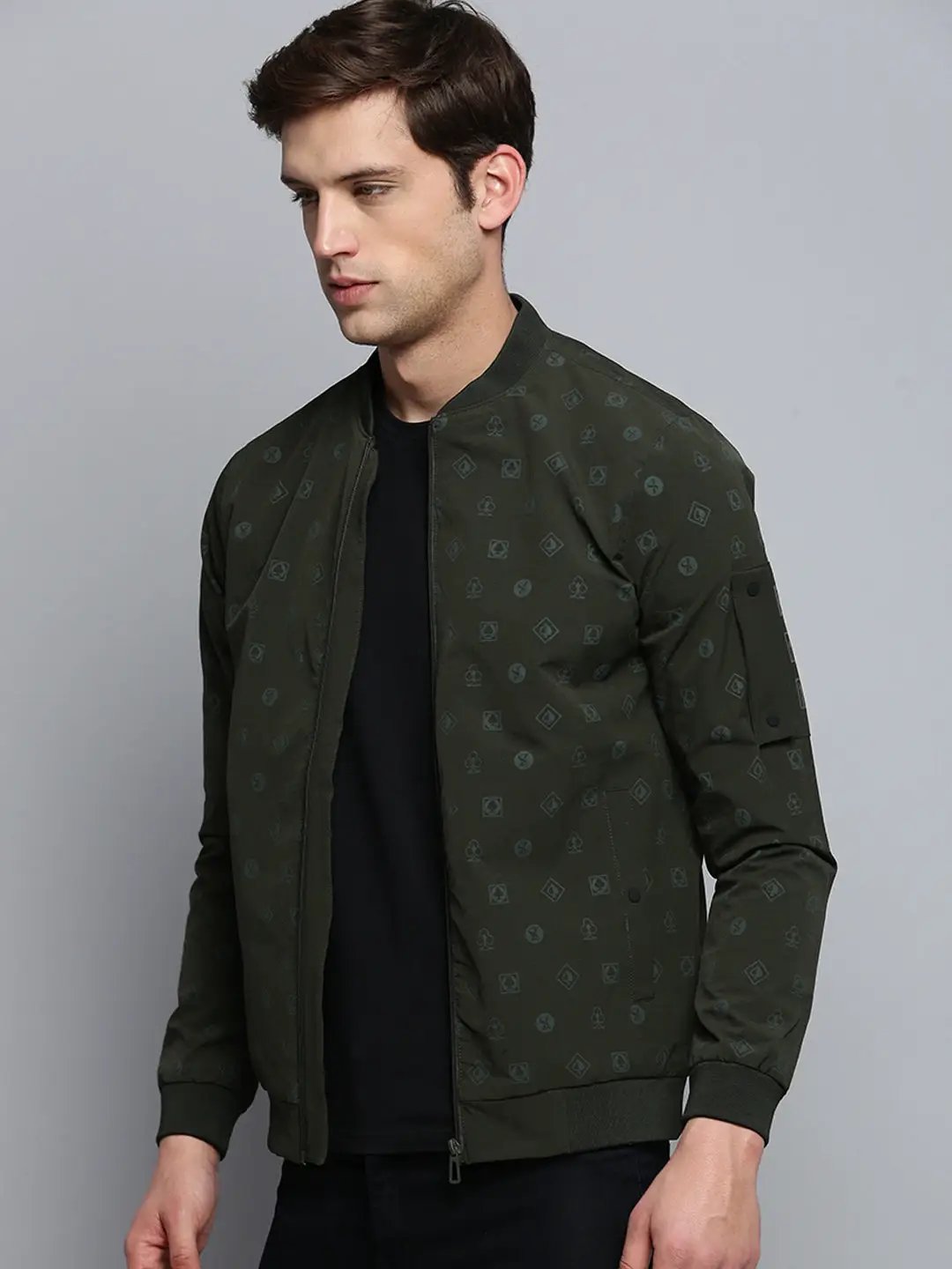 Men's Olive Conversational Printed Henley Collar Water Resistant Bomber Jacket