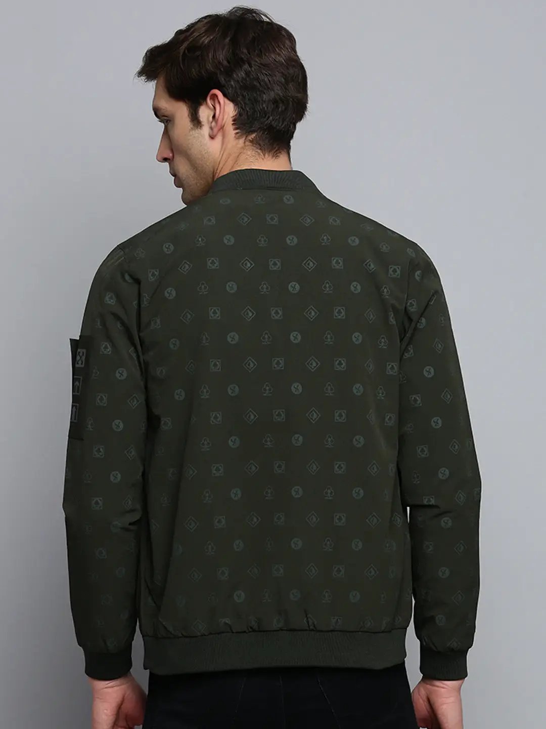 Men's Olive Conversational Printed Henley Collar Water Resistant Bomber Jacket