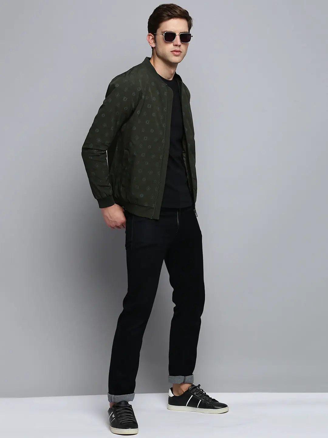 Men's Olive Conversational Printed Henley Collar Water Resistant Bomber Jacket