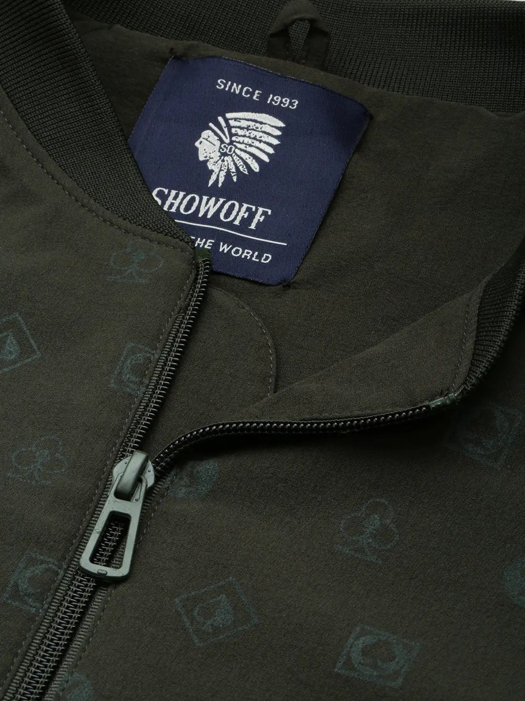 Men's Olive Conversational Printed Henley Collar Water Resistant Bomber Jacket