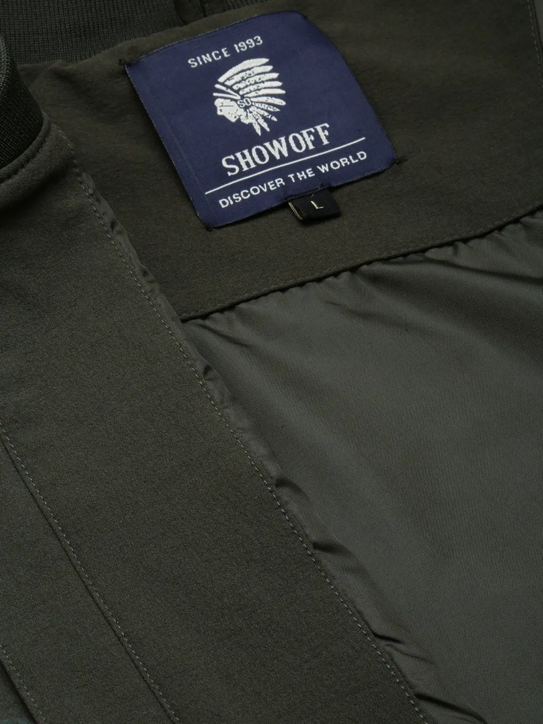 Men's Olive Conversational Printed Henley Collar Water Resistant Bomber Jacket