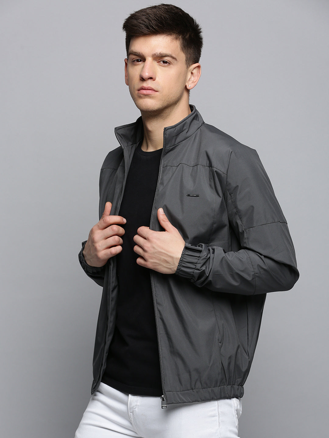 Men Grey Solid Casual Jacket