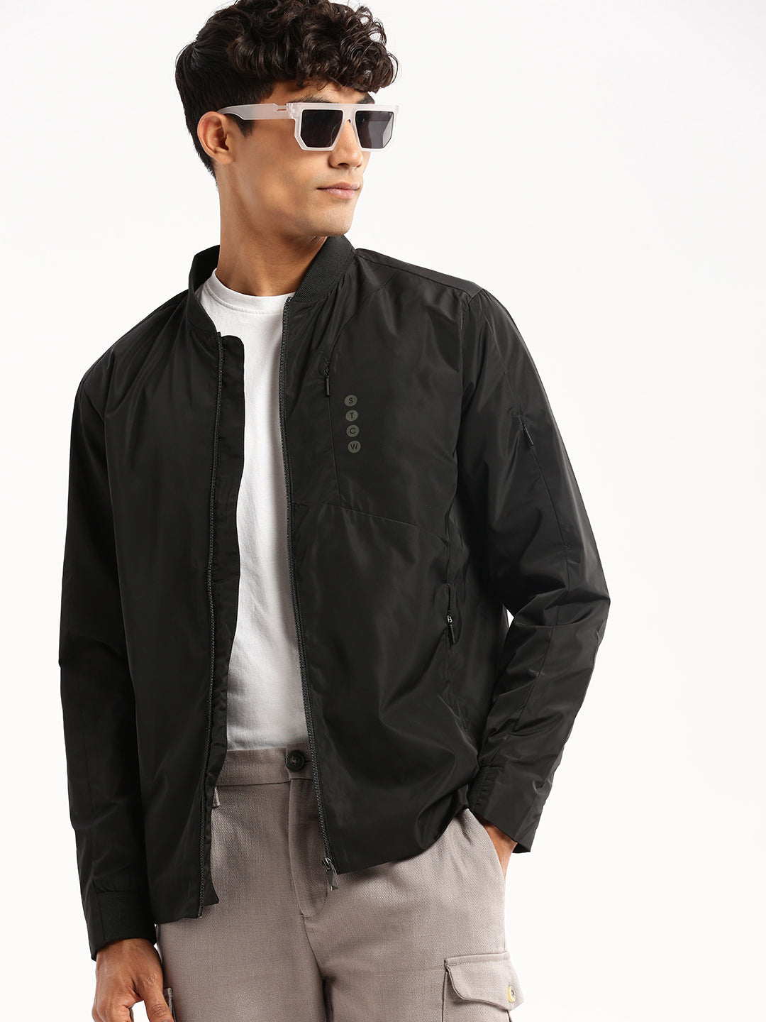 Men Black Mandarin Collar Solid Bomber