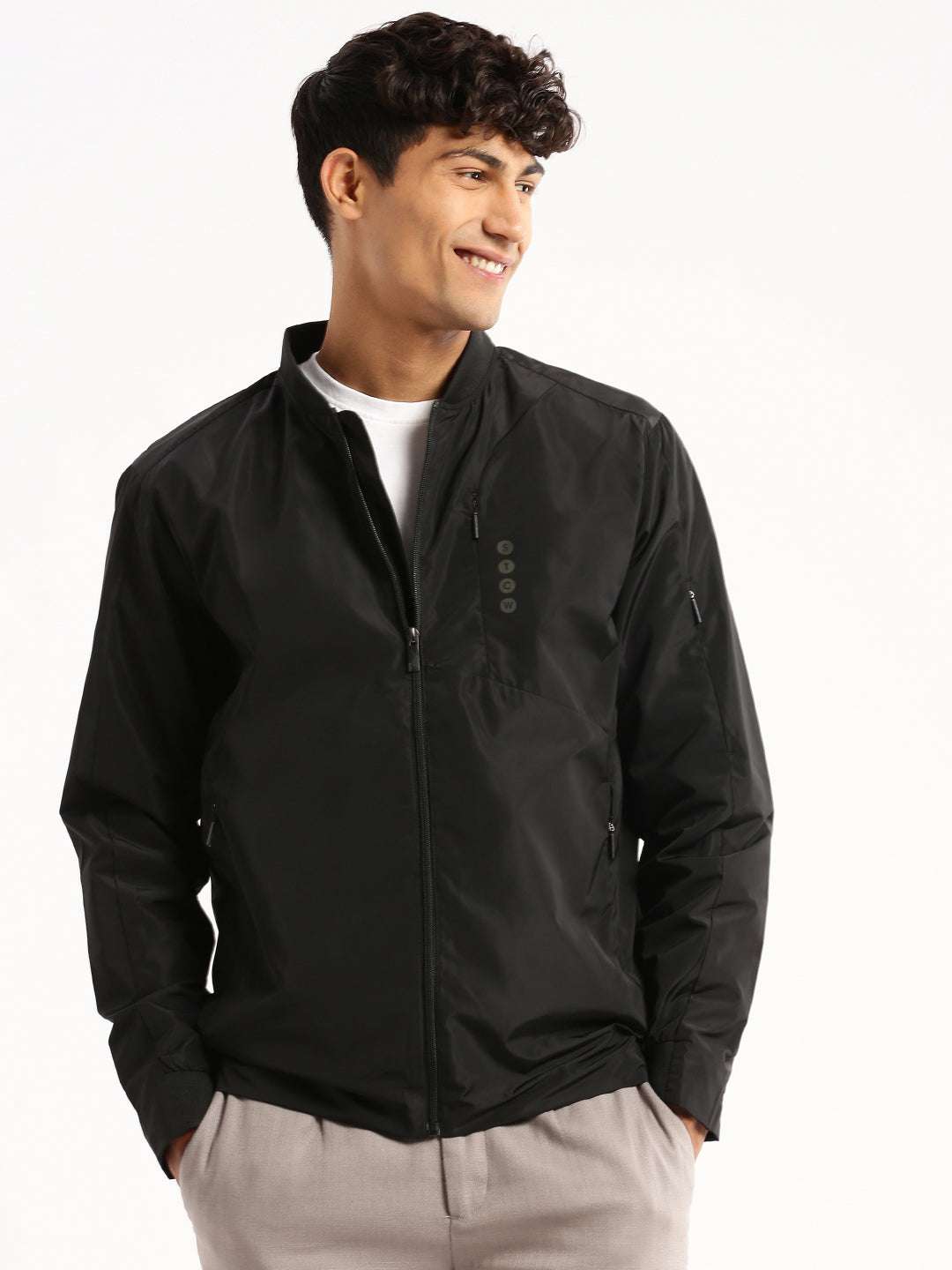 Men Black Mandarin Collar Solid Bomber