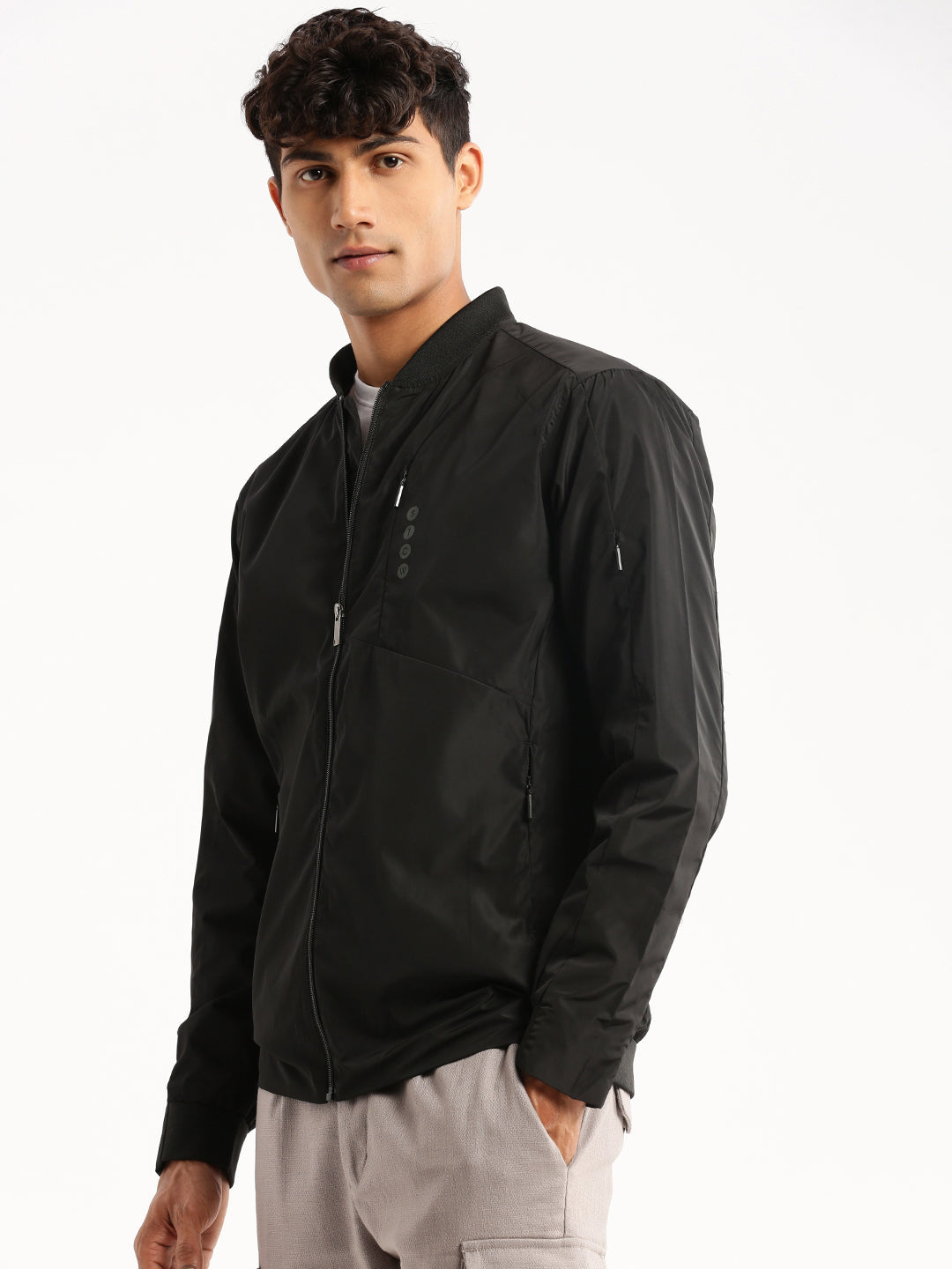 Men Black Mandarin Collar Solid Bomber