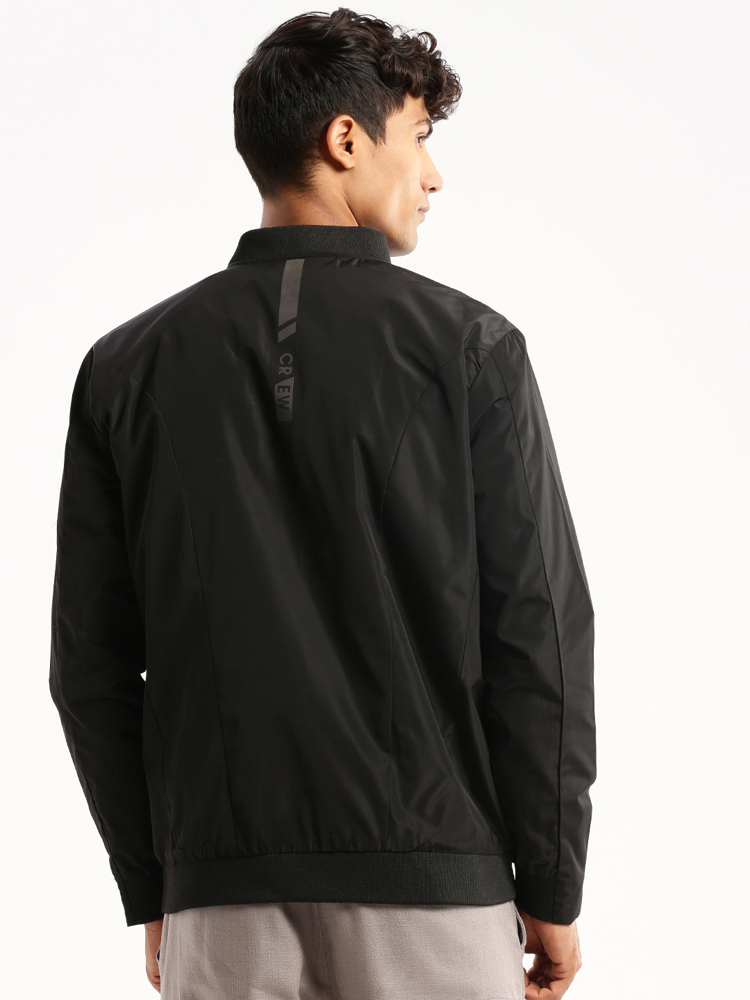 Men Black Mandarin Collar Solid Bomber