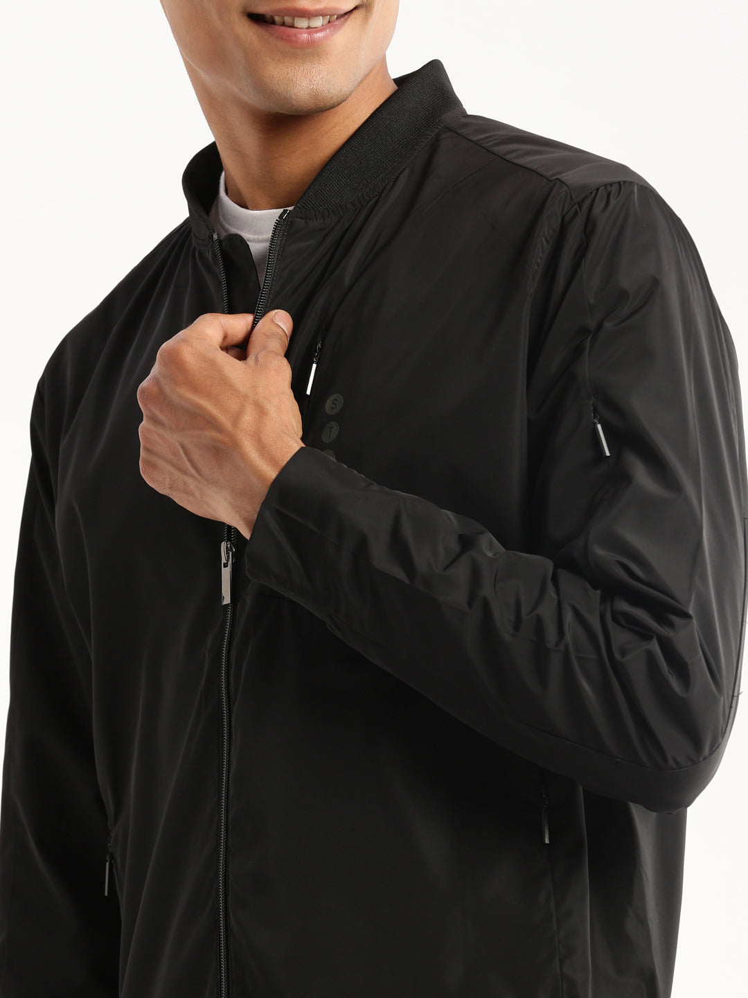 Men Black Mandarin Collar Solid Bomber