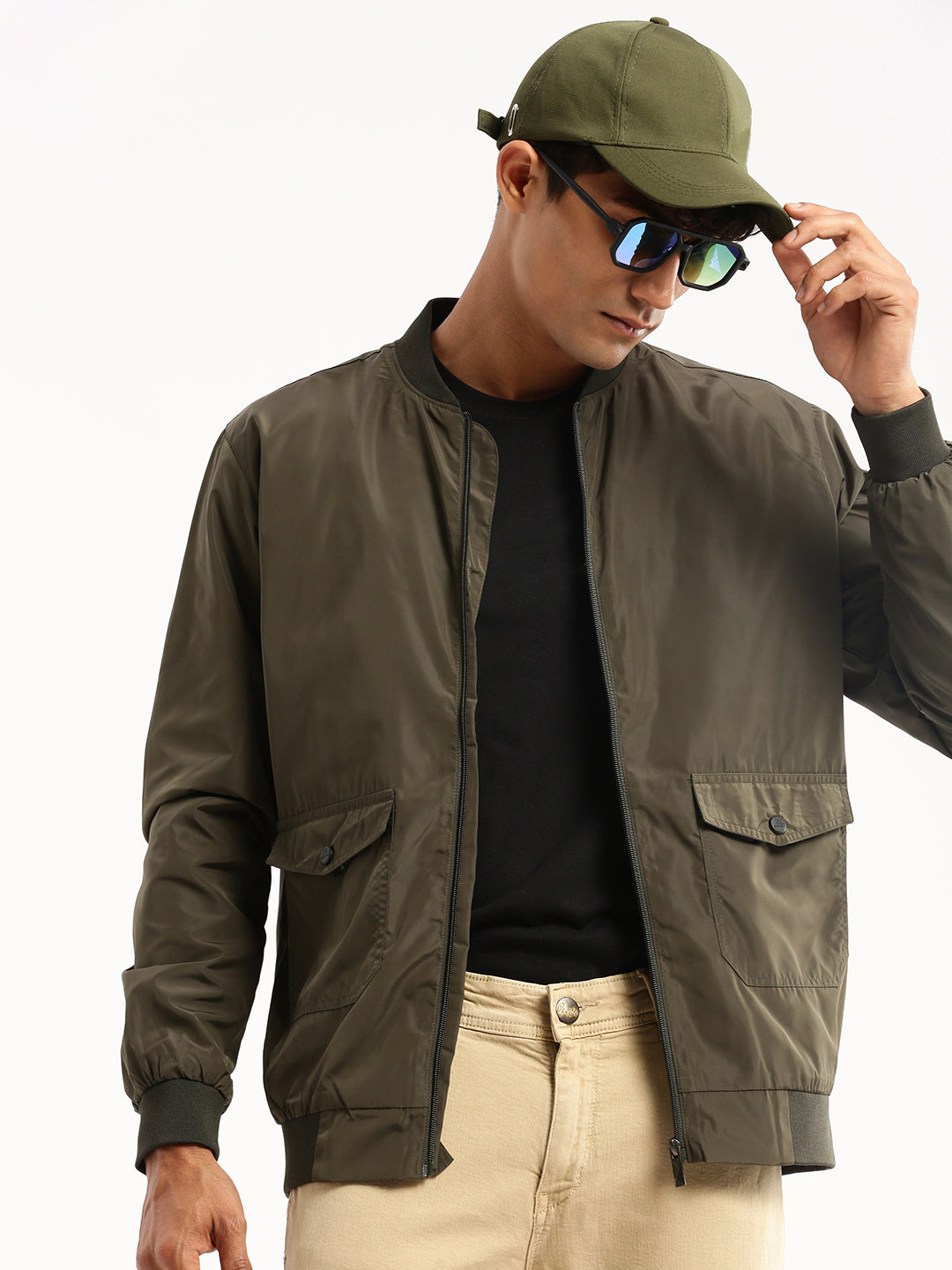 Men Olive Mandarin Collar Solid Bomber