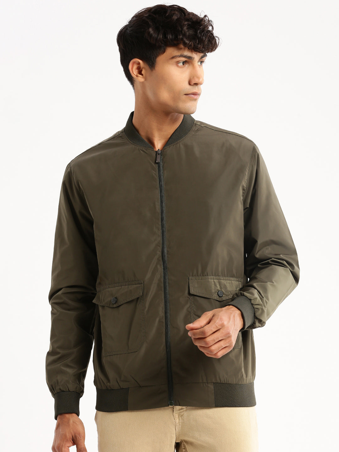 Men Olive Mandarin Collar Solid Bomber