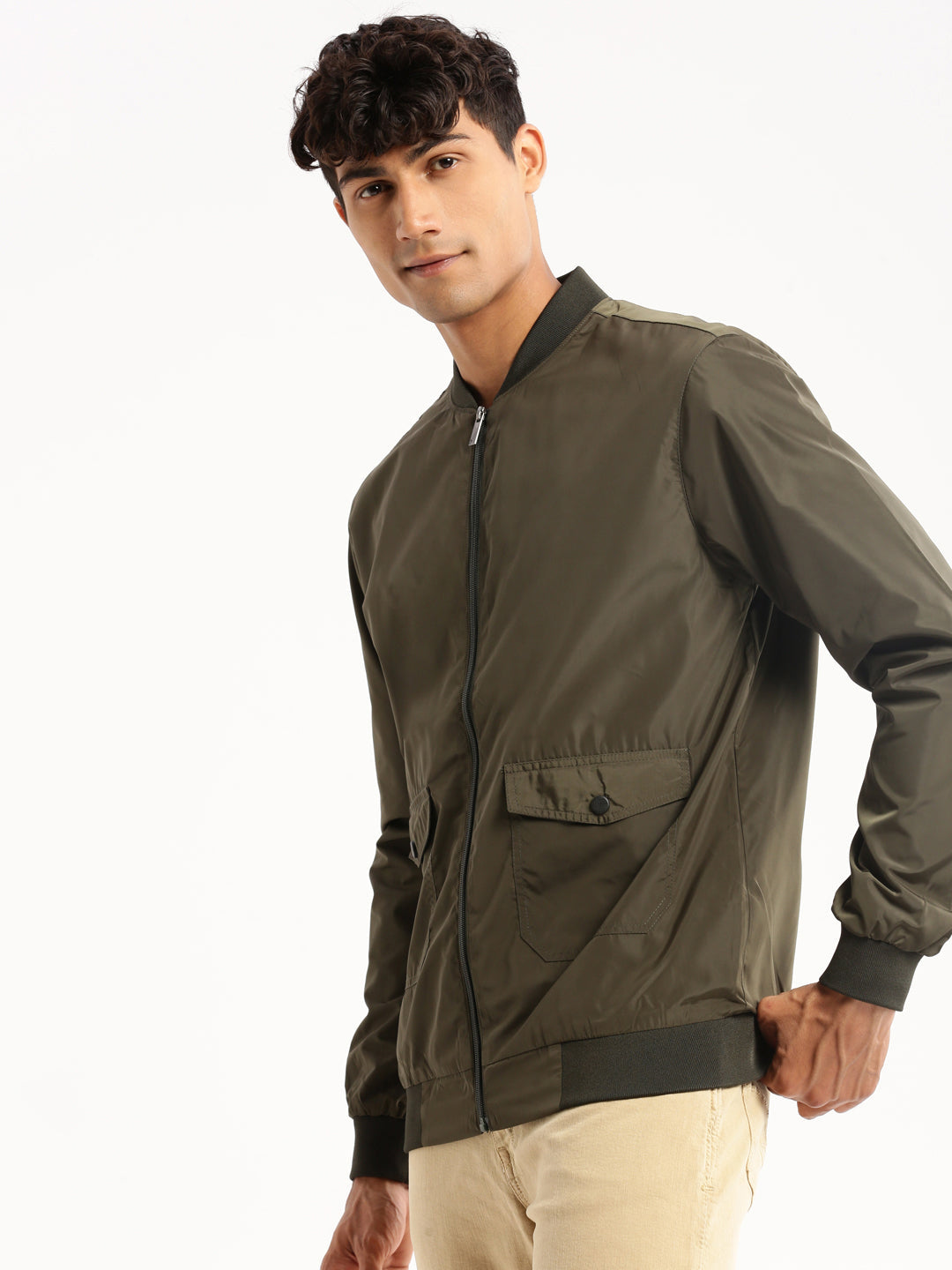 Men Olive Mandarin Collar Solid Bomber