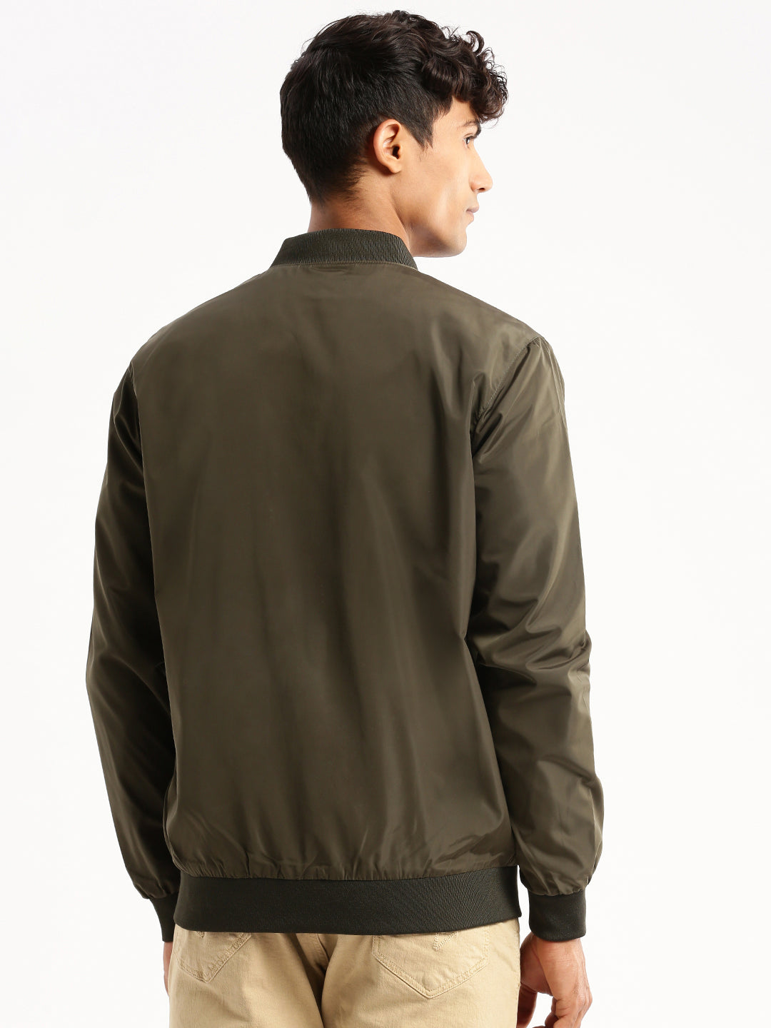 Men Olive Mandarin Collar Solid Bomber