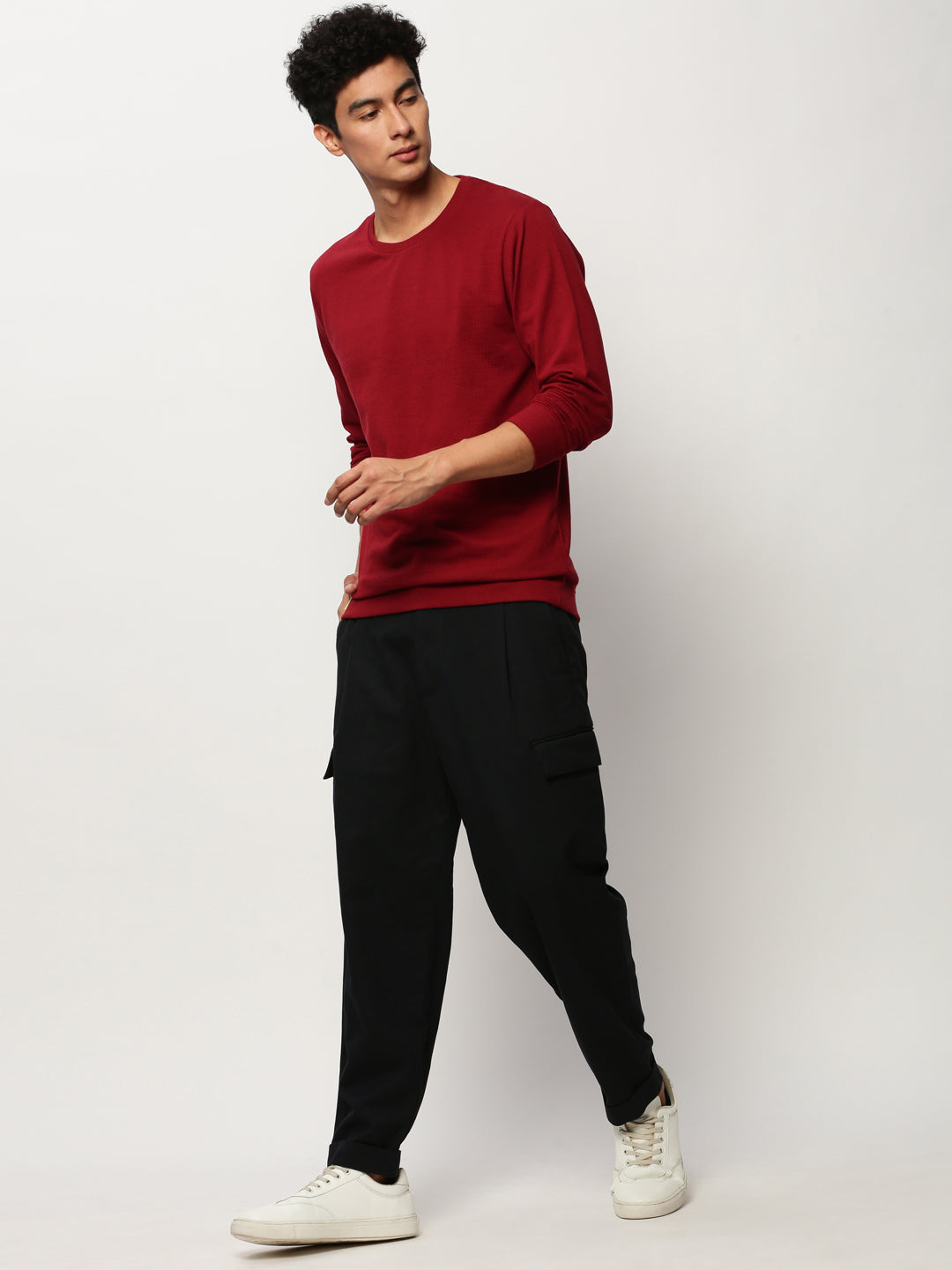 Men Maroon Solid Casual Sweatshirts