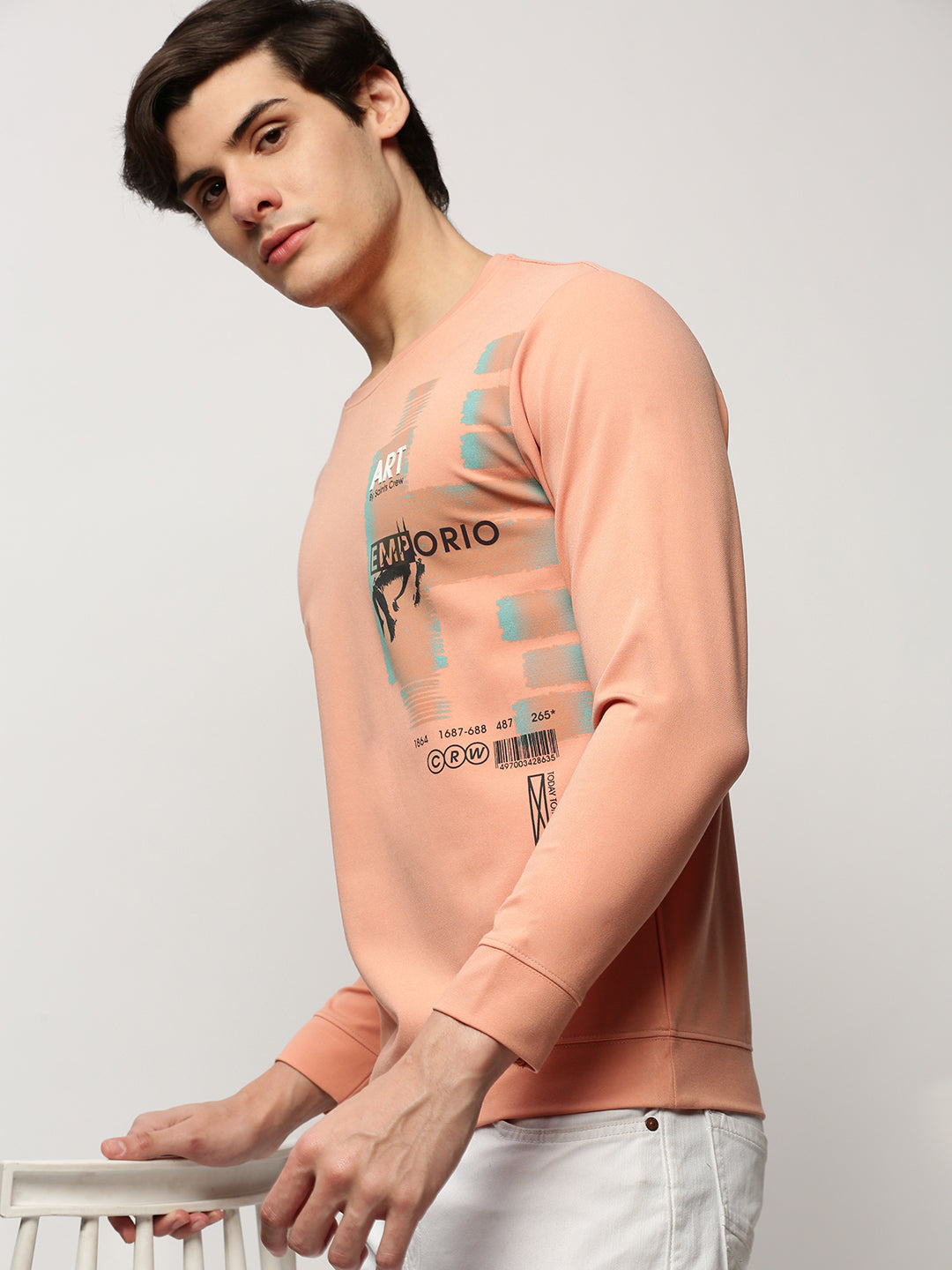 Men Peach Graphics Casual Sweatshirts