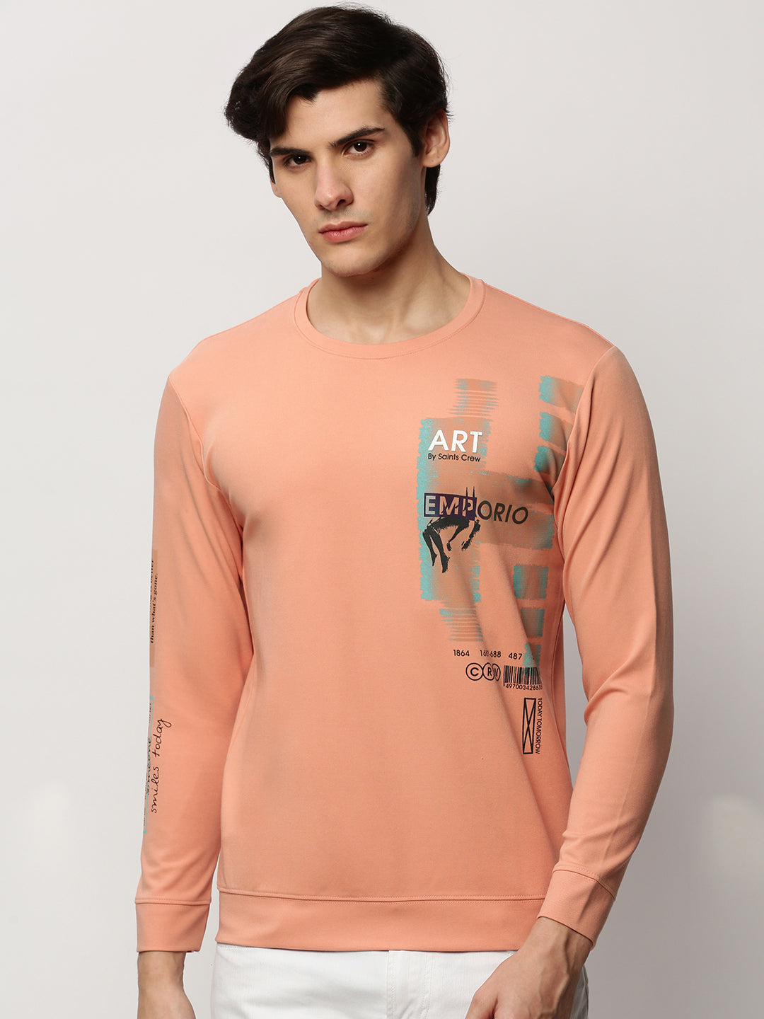 Men Peach Graphics Casual Sweatshirts