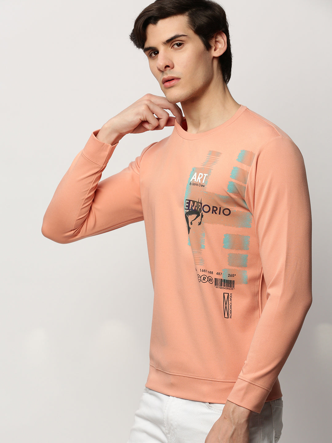 Men Peach Graphics Casual Sweatshirts