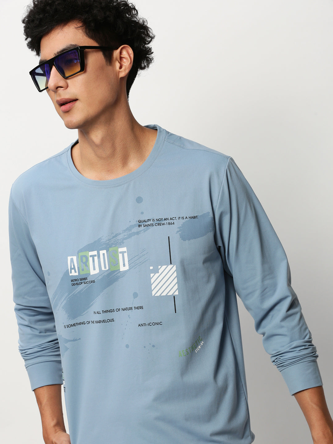 Men Blue Graphics Casual Sweatshirts