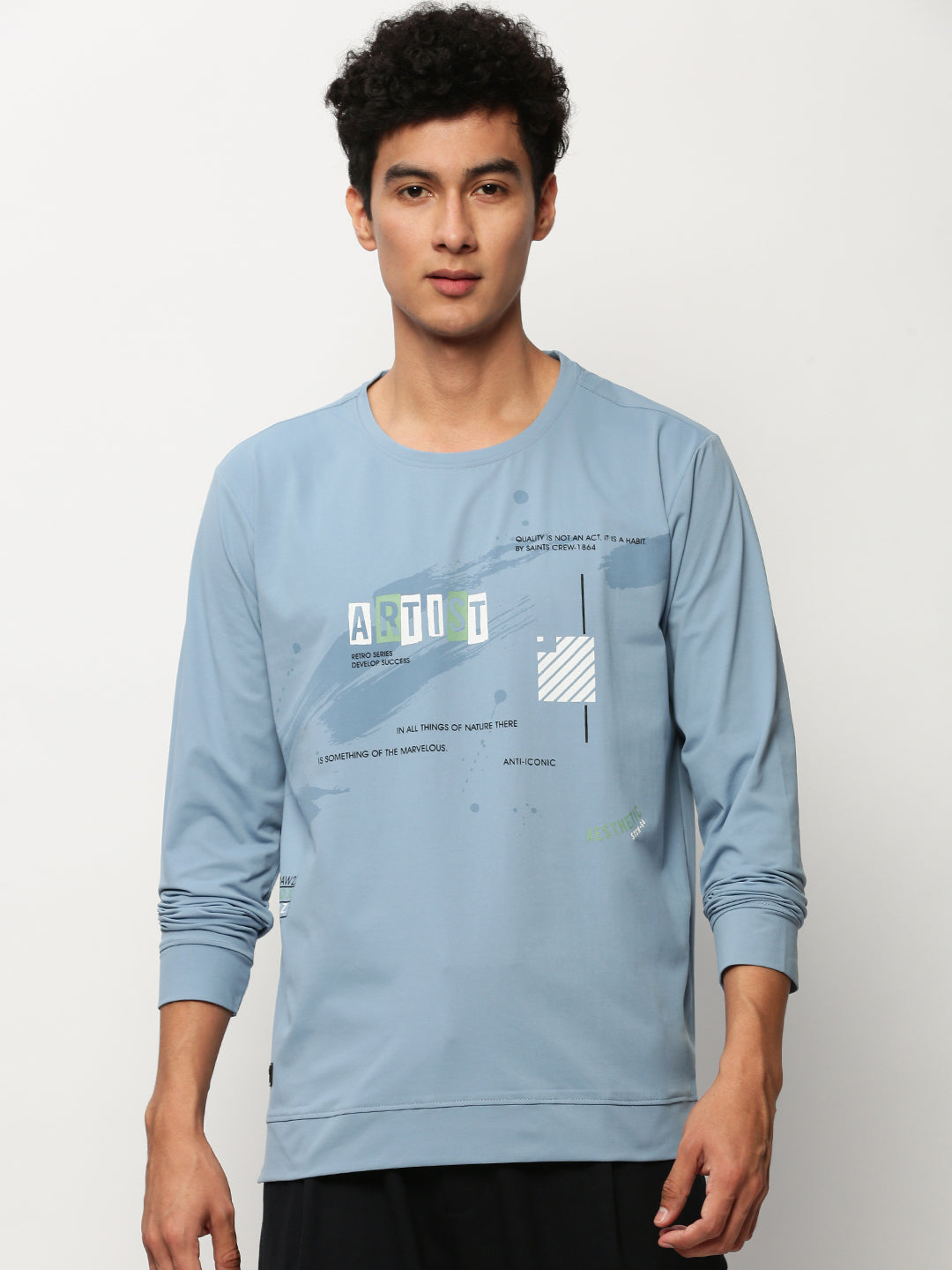 Men Blue Graphics Casual Sweatshirts