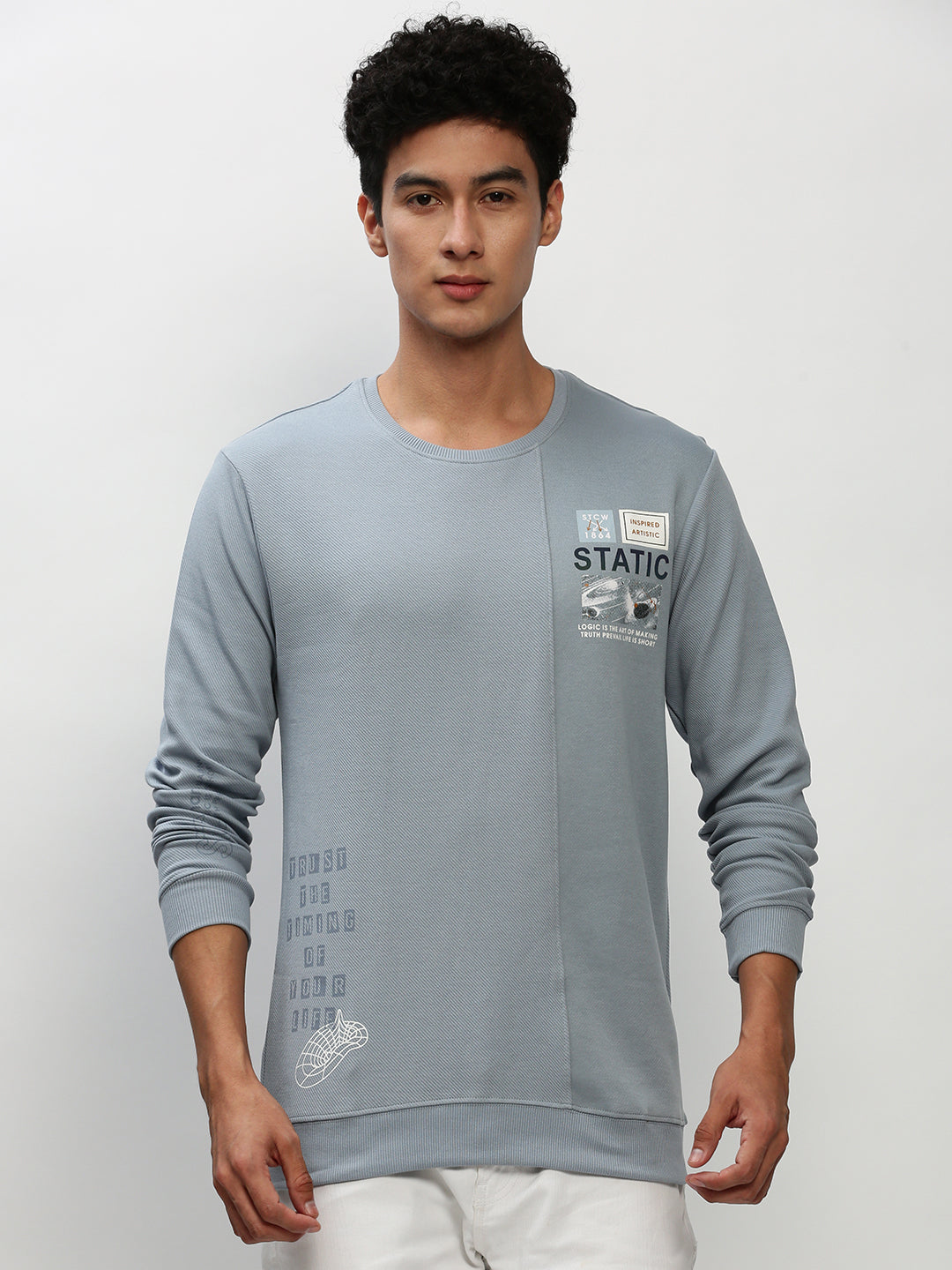 Men Blue Graphics Casual Sweatshirts