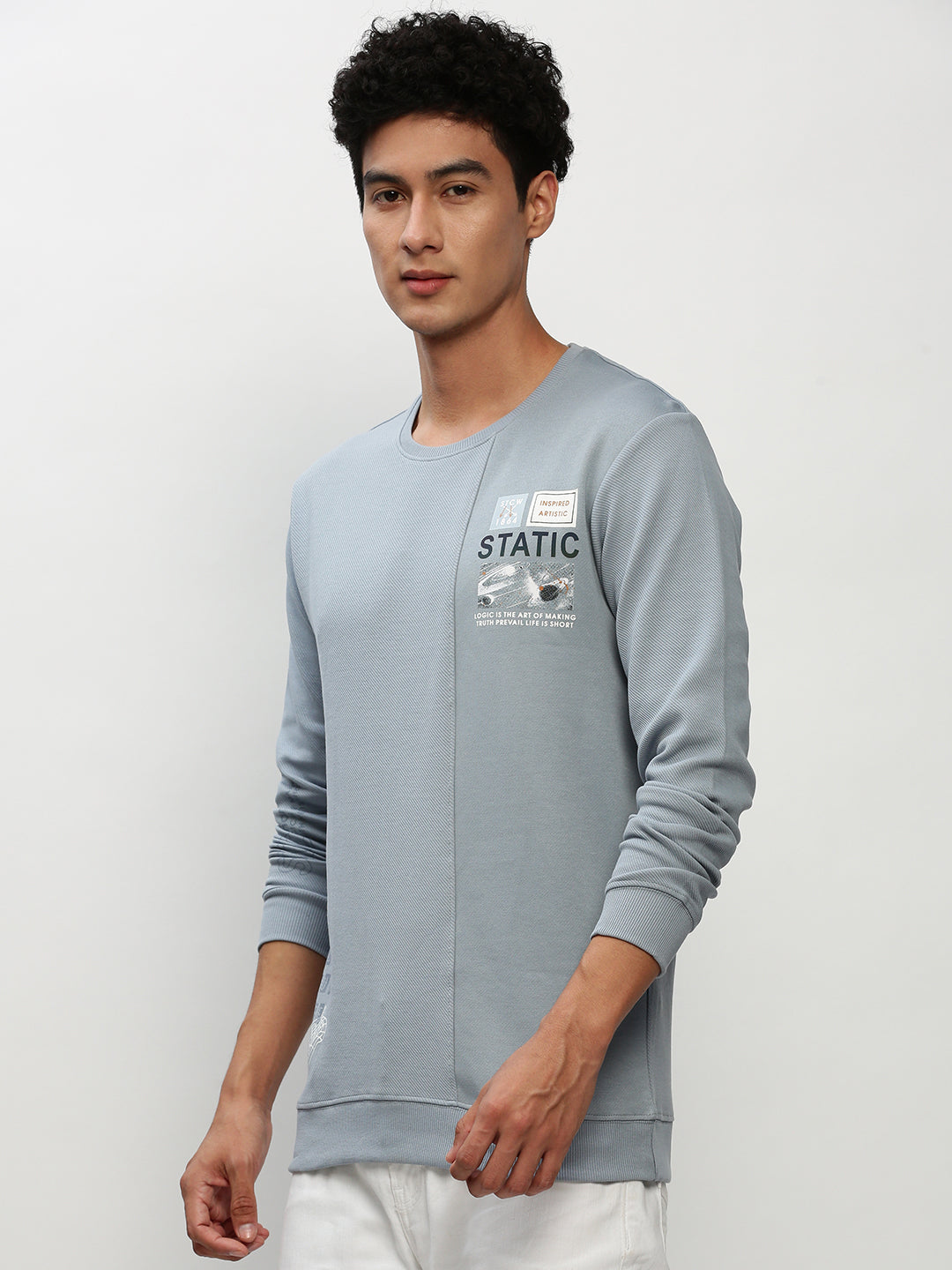 Men Blue Graphics Casual Sweatshirts