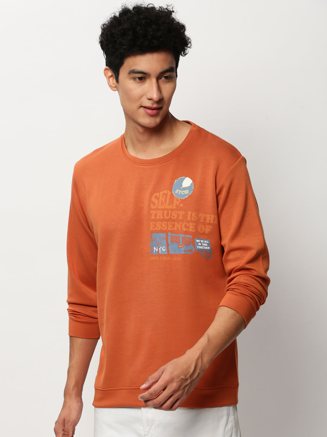 Men's Orange Typography Printed Casual Sweatshirt