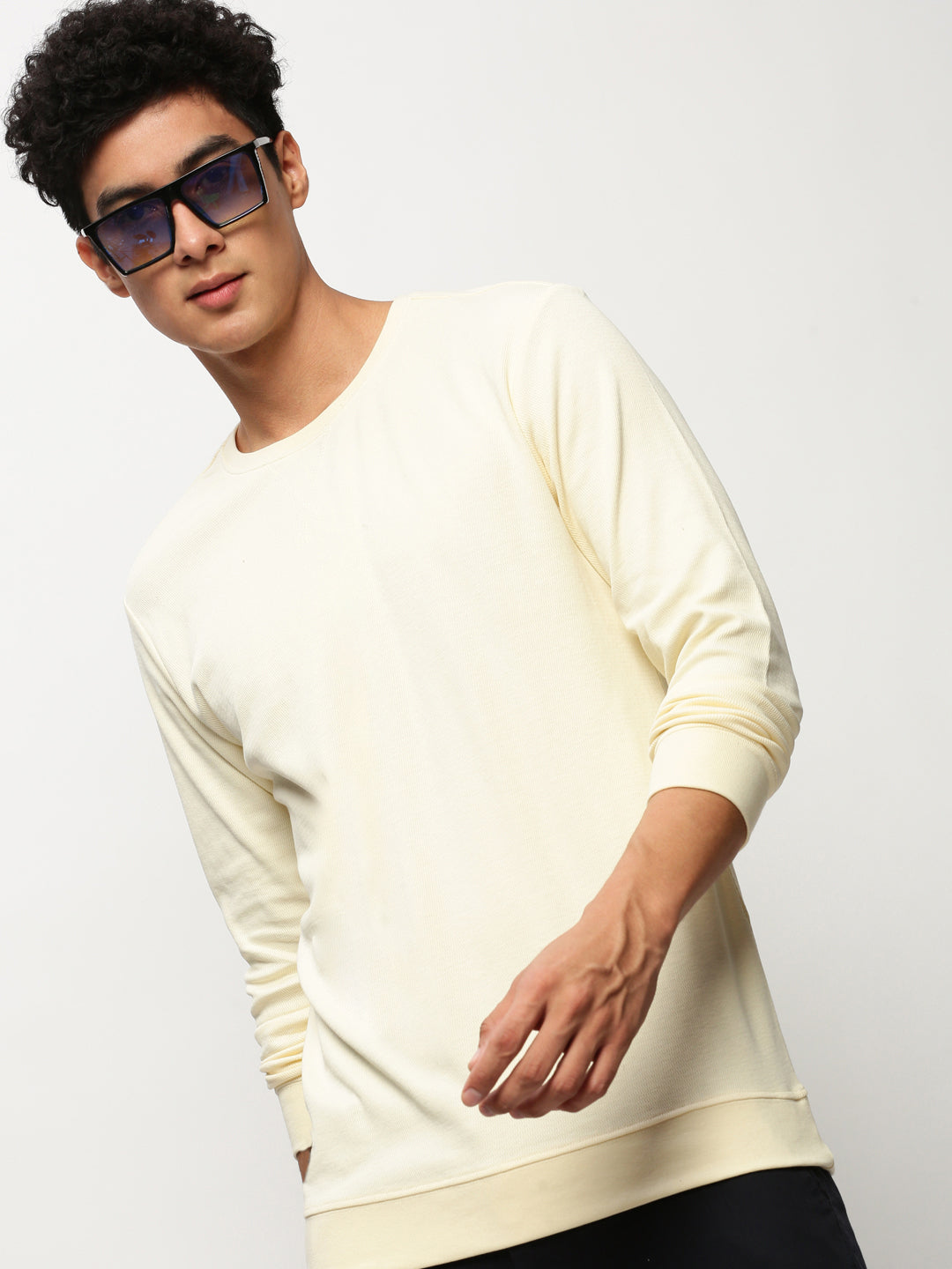 Men Cream Solid Casual Sweatshirts