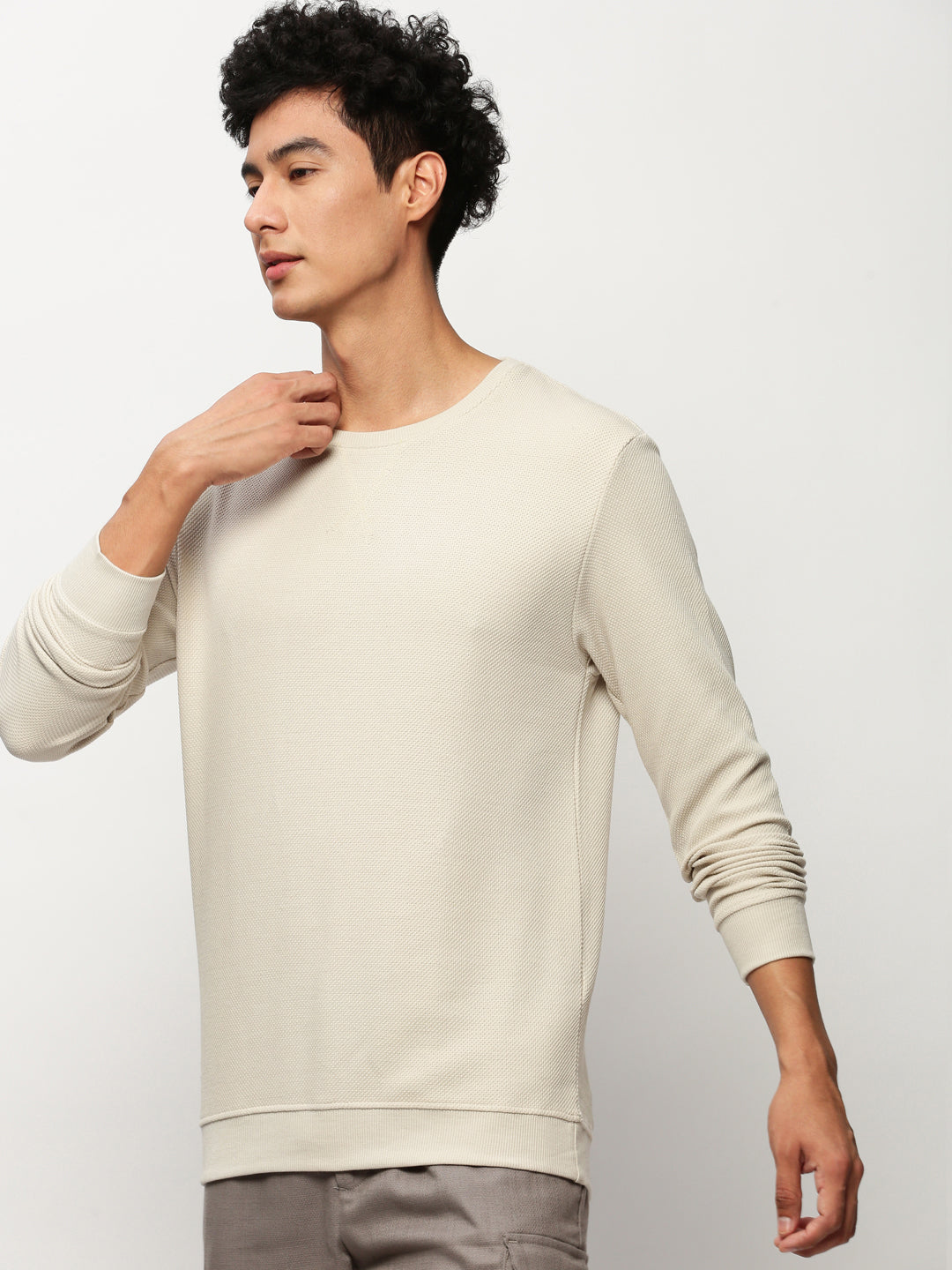 Men Beige Solid Casual Sweatshirts