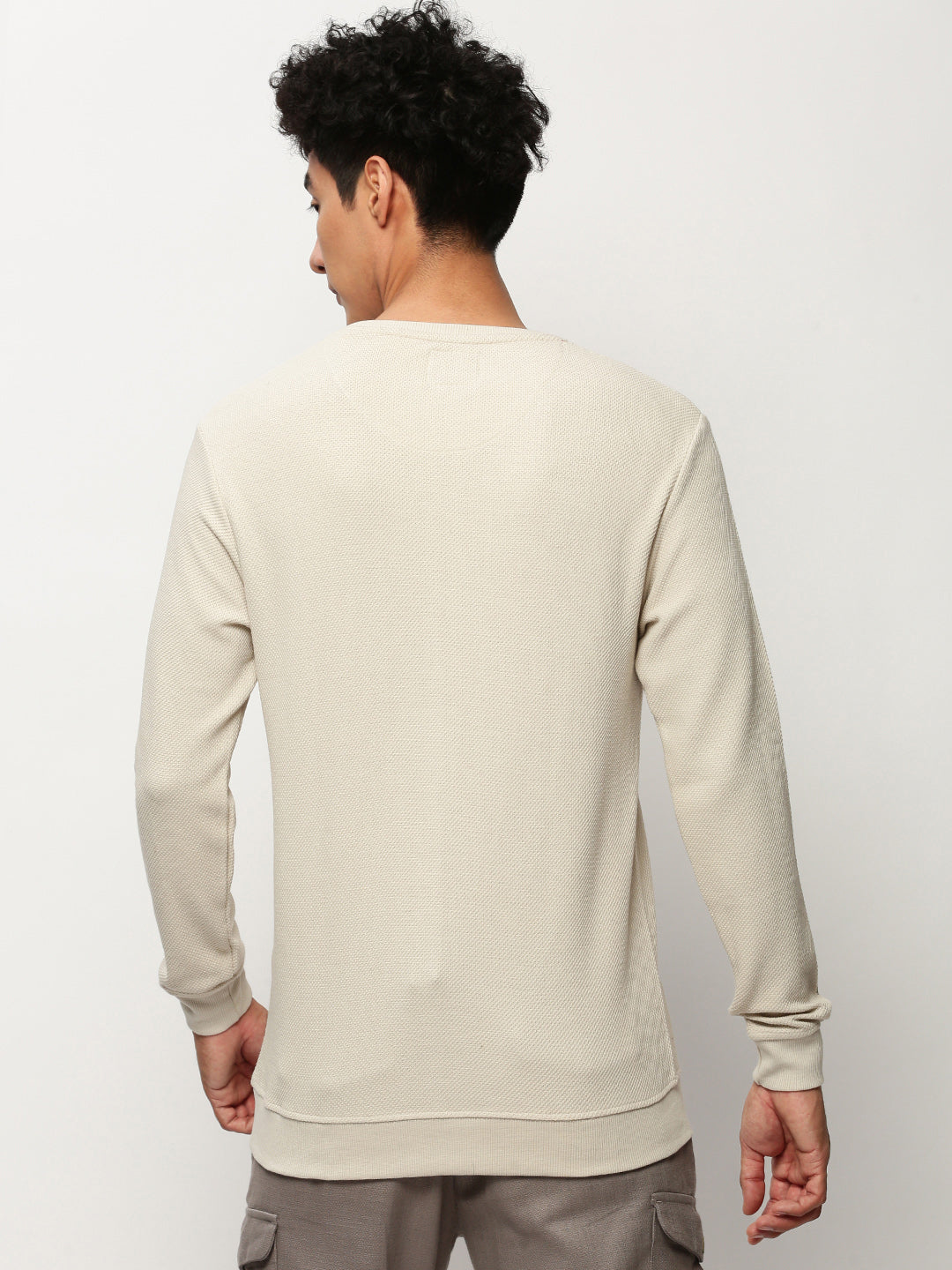 Men Beige Solid Casual Sweatshirts