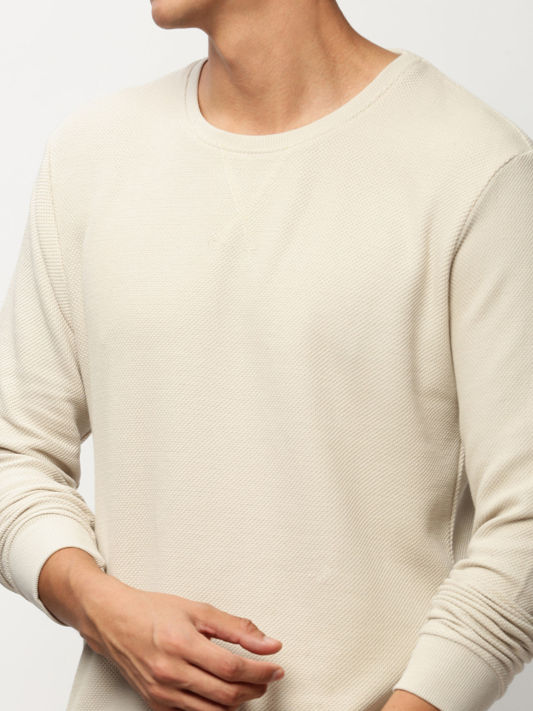 Men Beige Solid Casual Sweatshirts