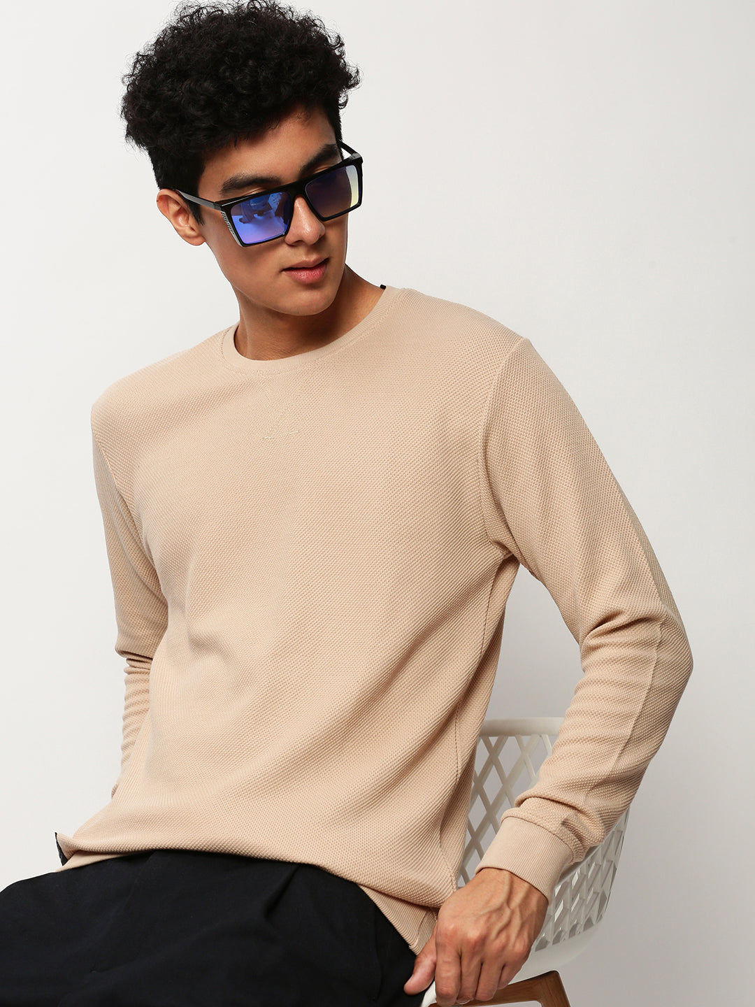 Men Peach Solid Casual Sweatshirts