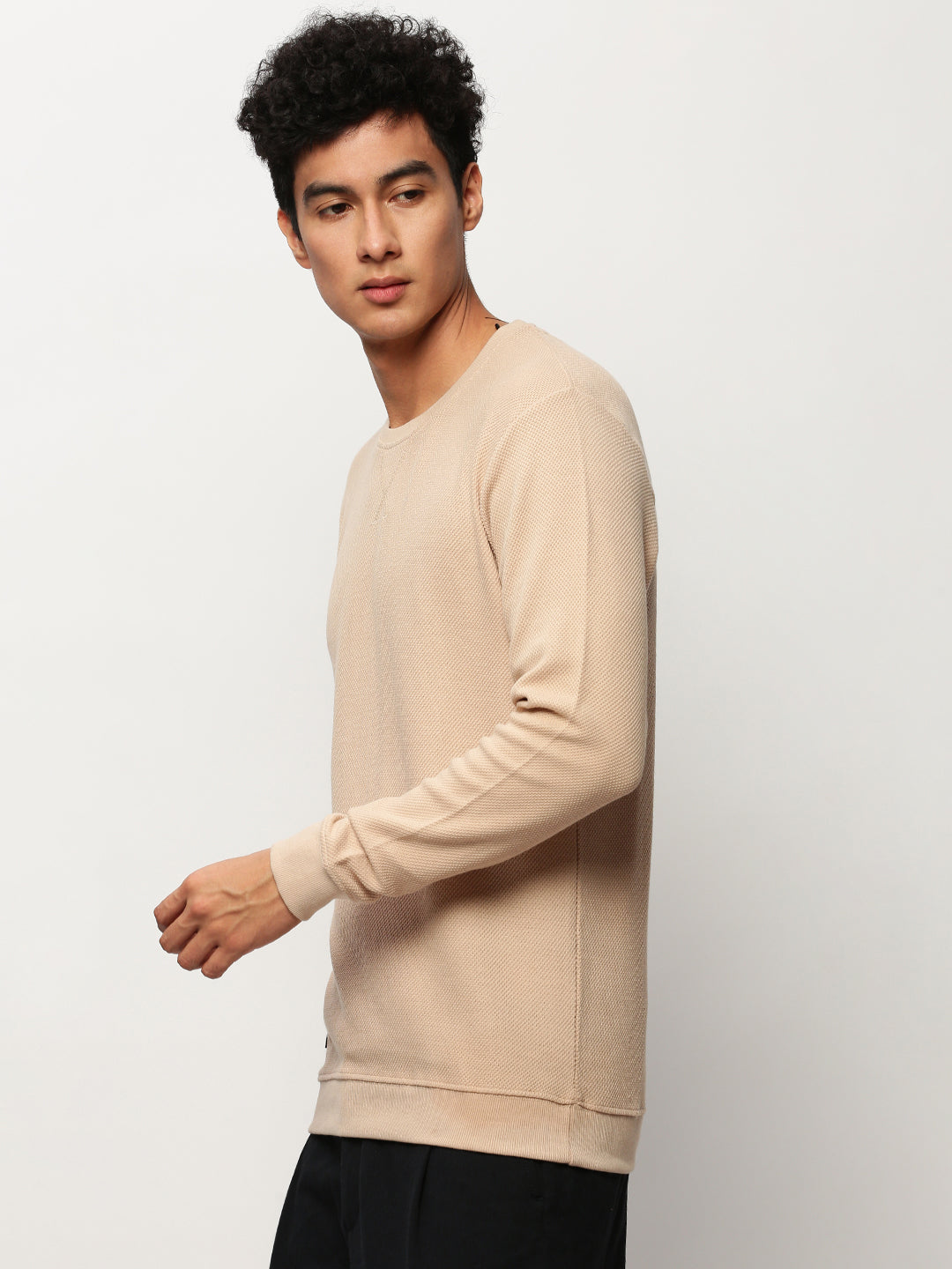 Men Peach Solid Casual Sweatshirts