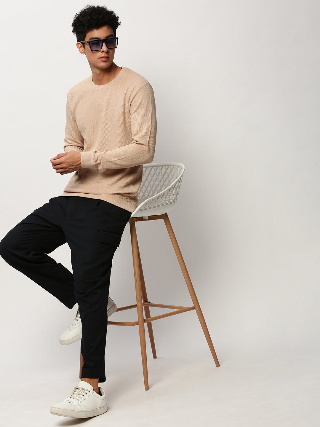 Men Peach Solid Casual Sweatshirts