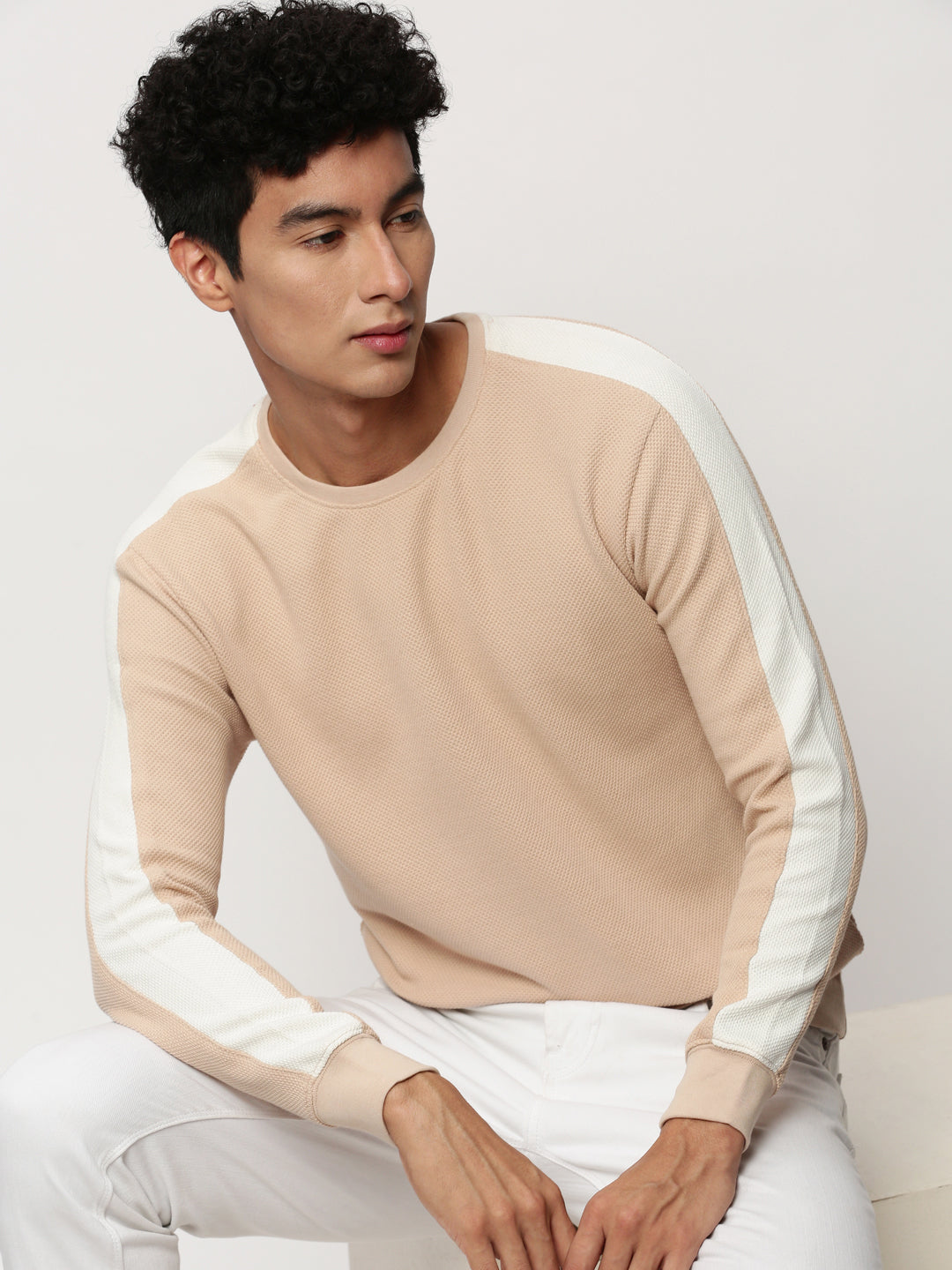 Men Peach Solid Casual Sweatshirts