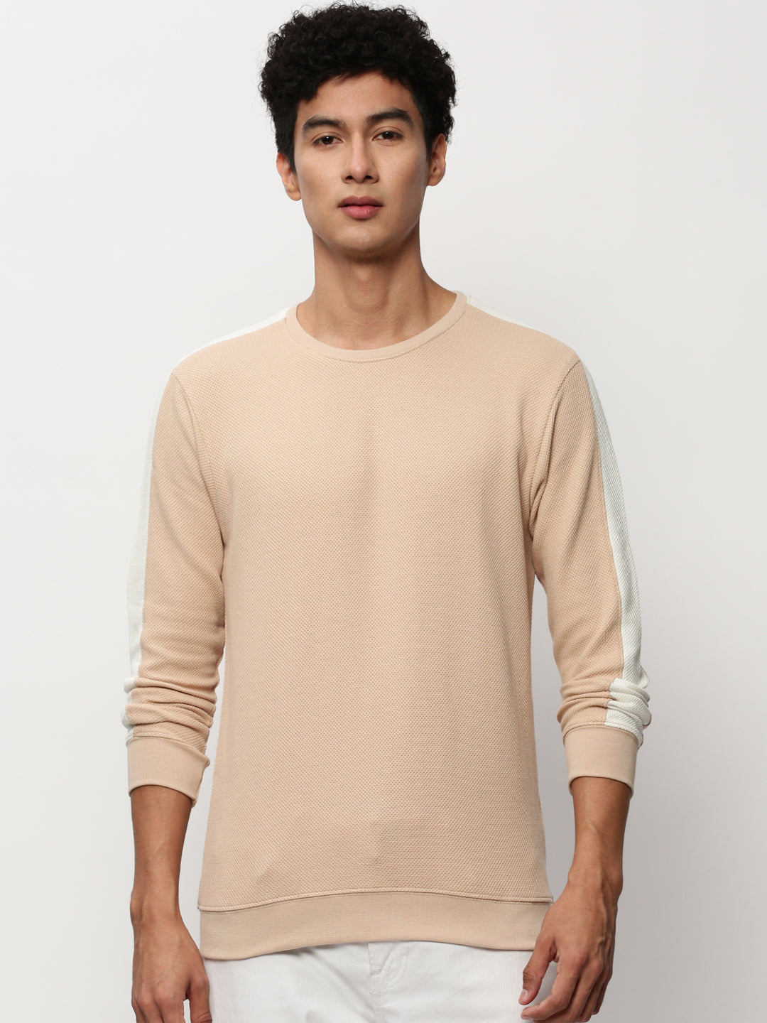 Men Peach Solid Casual Sweatshirts