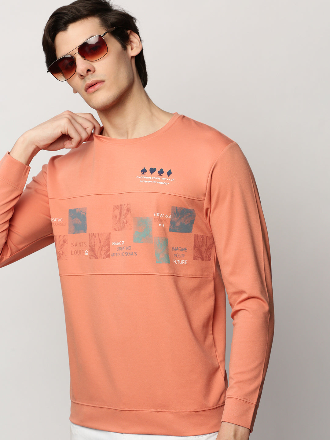 Men Peach Graphics Casual Sweatshirts