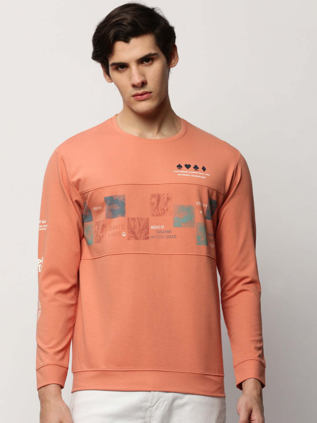 Men Peach Graphics Casual Sweatshirts