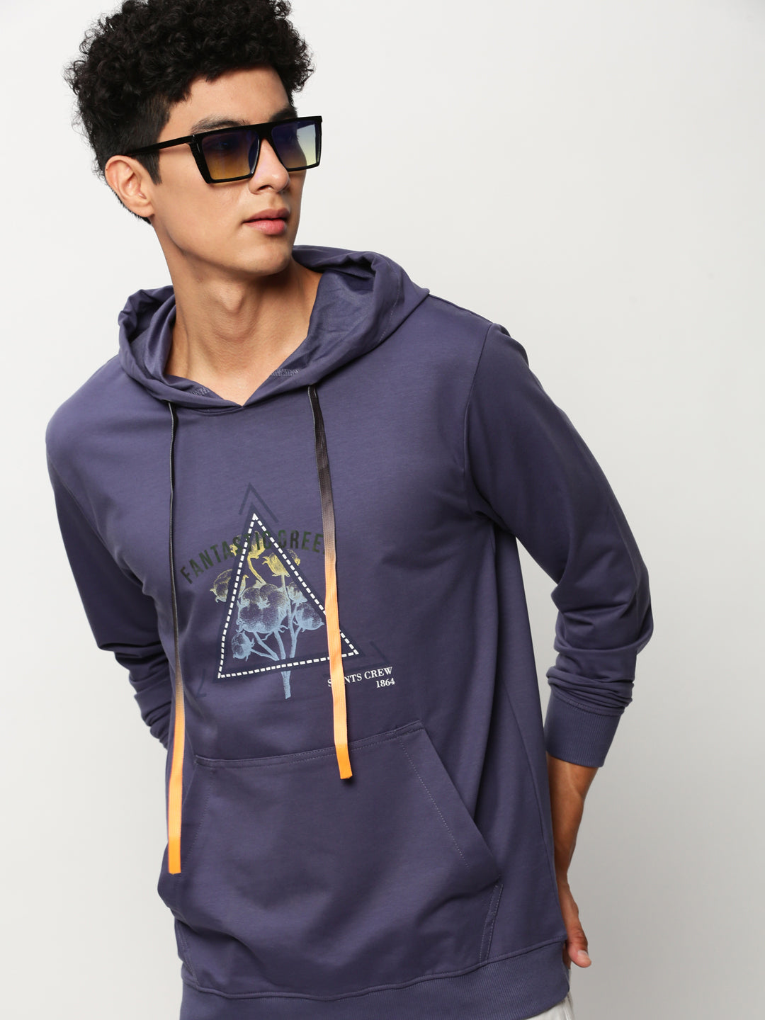 Men's Purple Graphic Printed Hooded Pullover Cotton Sweatshirt